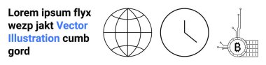 Küre, analog saat ve Bitcoin engelleme simgeleri metne eşlik eder. Teknoloji, finans, küresel piyasalar, zaman yönetimi, kripto para birimi, eğitim materyalleri, sunumlar için idealdir. İniş sayfası
