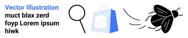 Büyüteç ve alışveriş torbası ve böcek sembolü. Çevrimiçi alışveriş, hata tespit, e-ticaret çözümleri, web sitesi yönetimi, hata düzeltme için ideal. İniş sayfası