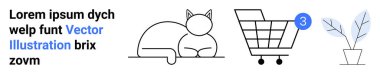 Kedi bakıcılığı, bildiri rozetli alışveriş arabası ve saksı bitkisi. E-ticaret için ideal, hayvan severler, doğa, minimalizm, bildirimler, kullanıcı arayüzü, iniş sayfası