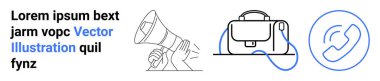 Megafon, evrak çantası ve temiz hatlarla temsil edilen telefon çağrı simgeleri. Pazarlama, iş stratejisi, iletişim, reklam, kurumsal sunumlar, dijital kampanyalar, sosyal medya için ideal