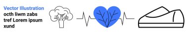 Tree symbol, heartbeat line, heart with leaves, and shoe outline. Ideal for health, fitness, wellness, nature, eco-friendliness, active living, medical themes Landing page clipart