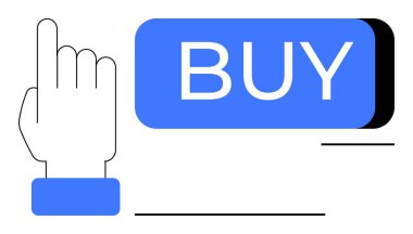 Çevrimiçi satın alma eylemini vurgulayan mavi bir BUY düğmesine işaret eden el imleci. E-ticaret, çevrimiçi alışveriş, dijital pazarlama, kullanıcı arayüzü tasarımı, mobil uygulamalar, web geliştirme için ideal