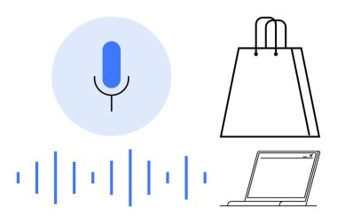 Ses dalgaları, alışveriş çantası ve dizüstü bilgisayarı olan bir mikrofon simgesi. E-ticaret, ses teknolojisi, online alışveriş, podcastlar, dijital pazarlama perakende yeniliği ve teknolojik çözümler için ideal. Satır metaforu