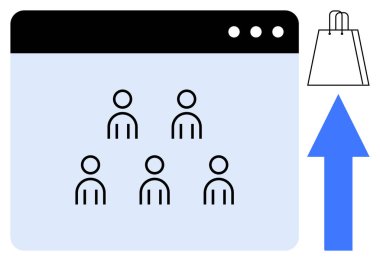 Alışveriş poşeti simgesinin yanında büyümeyi sembolize eden kullanıcı simgeleri ve büyük mavi yukarı doğru ok içeren web tarayıcı penceresi. E-ticaret, pazarlama, iş geliştirme, çevrimiçi satış büyümesi ve piyasa için ideal