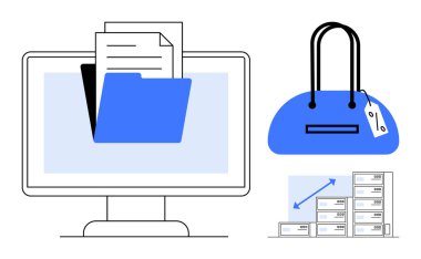 Dizin ve belgeli bilgisayar monitörü, fiyat etiketli el çantası, ve kutulu çizelge. İş, alışveriş, teknoloji, organizasyon, perakende veri yönetimi e-ticaret için ideal. Satır metaforu