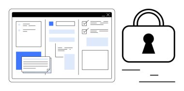 Bir asma kilit simgesinin yanında birden fazla penceresi, mesaj kutuları ve işaretleri olan bilgisayar ekranı. Siber güvenlik, veri koruması, güvenli tarama, bilgi yönetimi, yazılım arayüzü, çevrimiçi için ideal