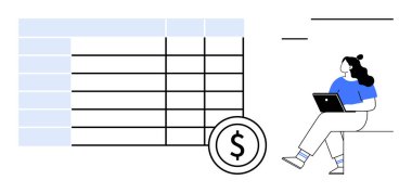 Finans uzmanı bir bankta dizüstü bilgisayar kullanarak oturuyor, dolar sembollü büyük bir hesap tablosunu analiz ediyor. İş analizi, finans, muhasebe, bütçe ve ekonomi eğitimi için ideal