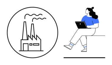 Bir kadın oturmuş, dizüstü bilgisayarını tutuyor, duman salınımlı bir fabrika ikonu düşünüyor. Çevre bilinci, teknoloji, sanayi büyümesi, uzak çalışma, kirlilik kontrolü, sürdürülebilirlik için ideal