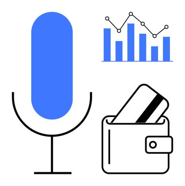 İletişim, veri analizi ve finans konularında dijital eğilimleri gösteren kart içeren mikrofon, bar çizelgesi ve cüzdan. Teknoloji, iletişim, analitik, finans ve modern iş için ideal