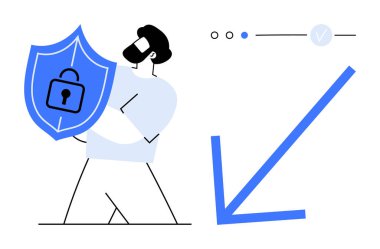 İş adamı elinde kilit simgesi olan bir kalkan tutuyor. Siber güvenliği işaret ediyor. UI elemanları ve aşağı doğru ok var. Siber güvenlik, veri koruması, teknoloji, iş güvenliği ve çevrimiçi güvenlik için ideal