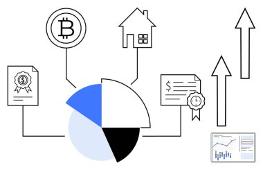 Kripto para birimini, gayrimenkulleri, tahvilleri, sertifikaları ve büyüme oklarını temsil eden simgelere bağlı pasta grafiği segmentleri. Finansal analizler, yatırım portföyleri ve ekonomik çalışmalar için ideal