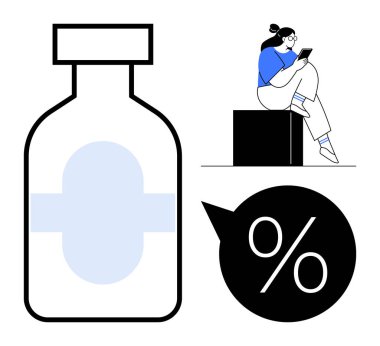 Medicine bottle next to person using tablet seated on block and percentage symbol in speech bubble. Ideal for healthcare, pharmacy, dosage tracking, medical research, patient care, pharmaceutical clipart