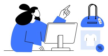 İnternetten alışveriş yaparken bilgisayar ekranını gösteren bir kadın fiyat etiketli bir el çantası ve indirim sembollü bir tişört gösteriyor. E-ticaret, dijital pazarlama, perakende satış için ideal