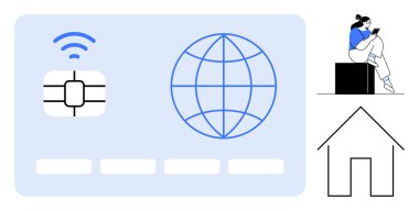 Kredi kartında çip ve kablosuz sinyal var. Kadın oturuyor ve tablet kullanıyor. Evin ana hatları. Finans, teknoloji, küresel ticaret, e-ticaret, mobil cihazlar, uzak çalışma evleri için ideal
