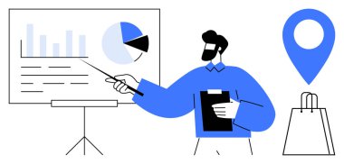 Bar çizelgeleri ve pasta grafiğiyle sunum tahtasına bakan adam elinde pano, mavi harita iğnesi ve alışveriş çantası var. İş raporları, pazarlama, eğitim, analiz, sunumlar için ideal