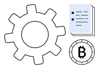 Large cogwheel, stack of documents with bullet points, and Bitcoin symbol coin. Ideal for technology, documentation, cryptocurrency, blockchain, process management, fintech, and automation themes clipart