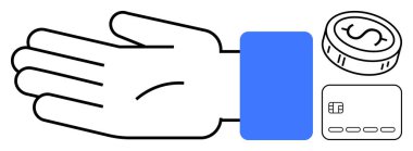 Para ve kredi kartına uzanan el, mali işlemleri, ödemeleri ve nakitsiz ekonomiyi temsil ediyor. Bankacılık, finans, e-ticaret ve mobil ödemeler için ideal bütçe. Çizgi