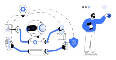 Birden fazla silahı olan bir robot deneyler yapıyor, görevleri yürütüyor. Bilim adamı holografik arayüzle etkileşimde. Teknoloji, yapay zeka, yenilik, bilim, otomasyon, araştırma dijital için ideal