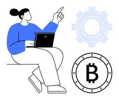 Mavi kollu kadın dizüstü bilgisayarını tutarken Bitcoin sembolü ve vites simgesinin yanında duruyor. Engelleme teknolojisi, kripto para birimi eğitimi, fintech yeniliği, dijital finans, teknoloji için ideal