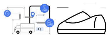 Delivery vehicle navigating supply chain map with icons for factory, warehouse, and timer. Line drawing of a shoe. Ideal for logistics, supply chain management, delivery tracking, manufacturing clipart