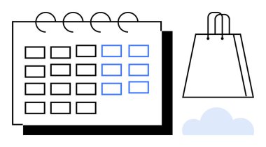 Üzerinde mavi işaretli tarihler, alışveriş çantası ve bulut motifi olan bir takvim. Program, planlama, etkinlikler, alışveriş, bulut hizmetleri e-ticaret dijital pazarlama için ideal. Satır metaforu