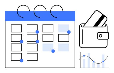 İşaretli tarihli takvim, kredi kartlı cüzdan ve çubuklu çizgi grafiği. Bütçe, mali planlama, zamanlama, gider takibi, mali analiz, zaman yönetimi için ideal
