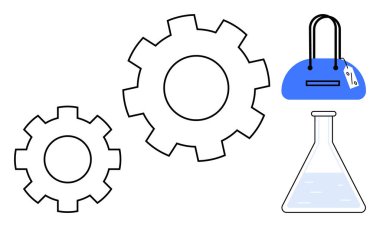 Hareket halindeki dişliler, etiketli el çantası ve sıvıyla dolu bir şişe. Mühendislik, moda, perakende, kimya, yenilik mekanik süreçler ve ürün tasarımı konuları için idealdir. Satır metaforu