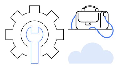 Vites ve anahtar, çanta ve bulut. Teknoloji, iş, mühendislik, çevrimiçi depolama, üretkenlik, bulut hesaplama ve dijital araçlar için ideal
