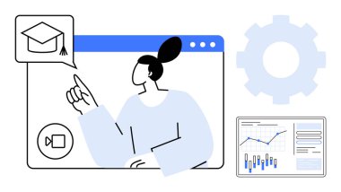 Ekranda mezuniyet şapkası simgesini gösteren bir kadın var. Görüntülü arama tuşu, dişli ve veri tabloları görünür. Eğitim için ideal, çevrimiçi öğrenim, webinarlar, sanal toplantılar, veri analizleri, teknik öğretiler