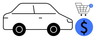 Araba yan profili, alışveriş arabası tebligatı ve dolar sembolü. Çevrimiçi araba satışları, otomobil finansmanı, araç ticareti, araba alışverişi, e-ticaret, otomotiv endüstrisi, mali işlemler için ideal