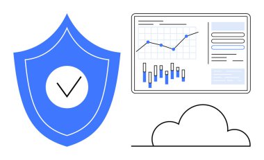 Kontrol işaretli siber güvenlik kalkanı, grafikler, çubuklar, giriş formu ve bir bulut simgesi içeren veri analizi paneli. Veri koruması, bilişim güvenliği, bulut hesaplaması, analitik ve dijital için ideal