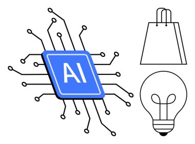 Devrelere bağlı yapay zeka mikroçipi, bir alışveriş torbası ve bir ampul. Yapay zeka teknolojisi, e-ticaret, yenilik, teknoloji girişimleri, akıllı alışveriş dijital çözümleri ve otomasyon için idealdir. Satır metaforu