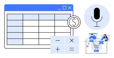 Hesap makinesi, dolar işareti, online alışveriş hesabı ve ses komutları için mikrofon. Finans, e-ticaret, teknoloji entegrasyonu, üretkenlik, otomasyon verileri için ideal