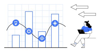 Dizüstü bilgisayar kullanan bir kadın, hava durumu ikonları güneş, kar tanesi ve trend çizgisi olan bir çizelgeyi analiz ediyor. Veri analizi, mevsimsel eğilimler, eğitim, iş sunumları, tahminler, araştırmalar için ideal