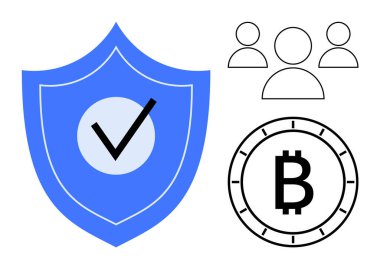 İşaretli mavi kalkan, üç kullanıcı simgesi ve Bitcoin sembolü. Çevrimiçi güvenlik, kripto para birimi, finans hizmetleri, takım çalışması, dijital işlemler, kullanıcı doğrulaması, fintech için ideal. Çizgi
