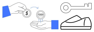 El, TOKEN ve okla başka bir ele bir dolar işareti ile bir jeton veriyor. Yakınlarda anahtar ve ayakkabı sembolleri var. Finans, ticari işlemler, kripto, tasarruflar, güvenlik, yatırımlar için ideal