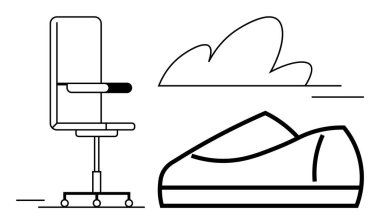 Office chair on casters, modern sneaker, and cloud illustration. Ideal for office settings, work-life balance, comfort, modern design, minimalist aesthetics, fashion, and lifestyle concepts. Line clipart