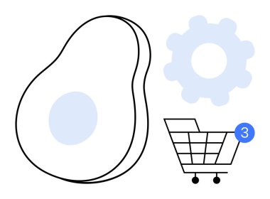 Avokado yarısı, mavi dişli ve üç tebligatlı alışveriş arabası. Çevrimiçi alışveriş, gıda piyasası, uygulama bildirimleri, e-ticaret, market alışverişi müşteri ilişkileri ayarları için ideal. Çizgi