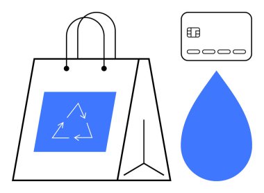 İçinde bir geri dönüşüm sembolü, bir kredi kartı ve bir ikon bulunan alışveriş torbası. Sürdürülebilirlik, çevre dostu alışveriş, yeşil ekonomi, çevre bilinci, koruma ve geri dönüşüm için ideal