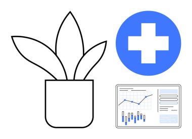 Esrara bitki, mavi tıbbi haç ve grafik ve çubuklu veri tablosu. Sağlık, sağlık, tıbbi araştırma, çevre sağlığı, veri analizi, istatistiksel inceleme ve sağlık pazarlaması için ideal