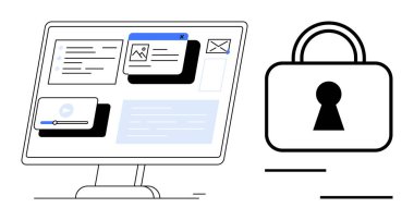 Bilgisayar ekranında büyük bir asma kilidin yanında web sitesi ögeleri, medya oynatıcı ve iletişim simgeleri gösteriliyor. Siber güvenlik, veri koruması, çevrimiçi mahremiyet, güvenli iletişim ve teknoloji için ideal