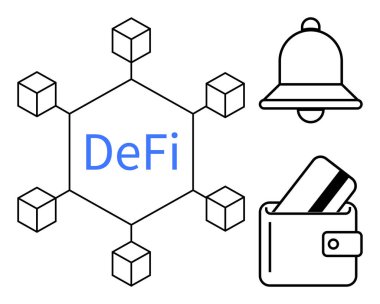 Tebligat çanı ve dijital cüzdan simgeleriyle merkezi olmayan finans ağı diyagramı. Finansal teknoloji, kripto para birimi, güvenlik, işlemler, uyarılar, dijital para birimi için ideal