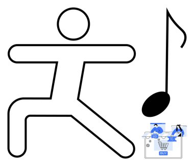 Stick figure in yoga pose next to large music note and online shopping cart icons with abstract technology elements. Ideal for fitness, music, e-commerce, health, relaxation, tech integration clipart