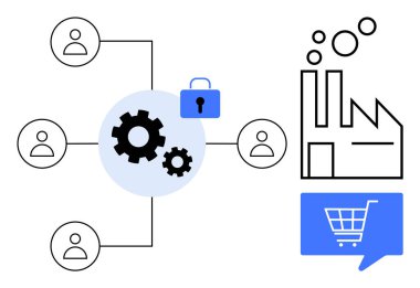 Kullanıcı ağını bir fabrikaya, bir kilide ve bir alışveriş arabasına bağlayan vitesler. Takım çalışması dinamikleri, siber güvenlik çözümleri, üretim süreçleri, e-ticaret büyümesi, bilişim altyapısı, arz