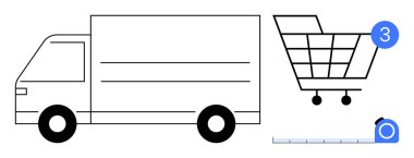 White delivery truck, shopping cart with number 3 badge, blue tape measure. Ideal for logistics, shipping, transportation, online shopping, retail inventory management warehousing. Line metaphor clipart