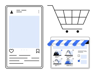 Sosyal medya paylaşımı, alışveriş arabası ikonu ve ürün listeli online mağaza. E-ticaret, dijital pazarlama, nüfuz artırıcı promosyonları, sosyal medya stratejileri, çevrimiçi perakende, tüketici için ideal