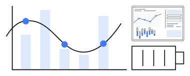 Veri noktaları, pil simgesi ve gösterge paneli arayüzü olan çizgi grafiği. Veri görselleştirme, iş analizleri, performans takibi, enerji yönetimi ve teknoloji için ideal