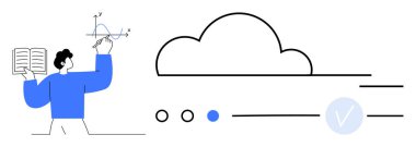 Öğrenci beyaz tahtaya bir bulut depolama sembolünün yanında kitap ve çizim çizimi yapıyor. Eğitim, veri transferi, bulut hesaplama, e-öğrenme, teknoloji entegrasyonu, uzaktan öğrenme için ideal