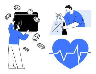 Bozuk para dolu cüzdan taşıyan bir kişi, içinde satış simgesi olan alışveriş poşetleri taşıyan bir diğeri, EKG çizgisi olan mavi bir kalp. Mali yönetim, bütçe yönetimi, tüketici davranışı, sağlık bilinci için ideal