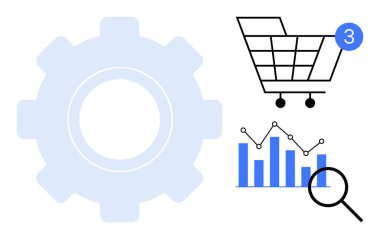 Tebligatlı alışveriş arabası, bar ve çizgi grafiği büyüteçle analiz edildi, arka planda büyük şeffaf dişli. E-ticaret, veri analizi, araştırma, iş, pazarlama için ideal